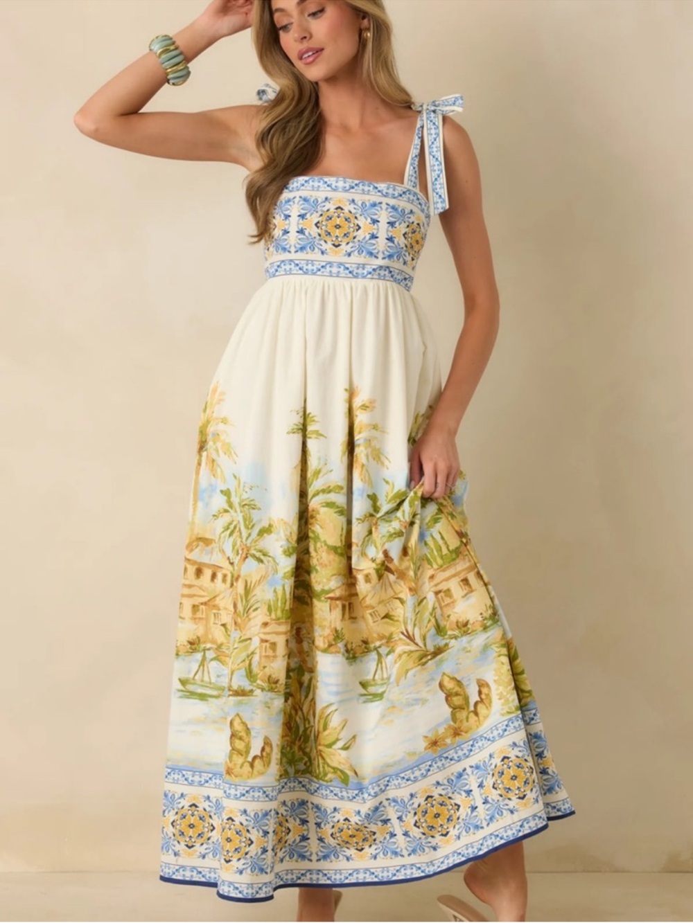 Flying Tomato Square Neck Bow Tie front Postcard Perfect Woven Maxi Dress Print